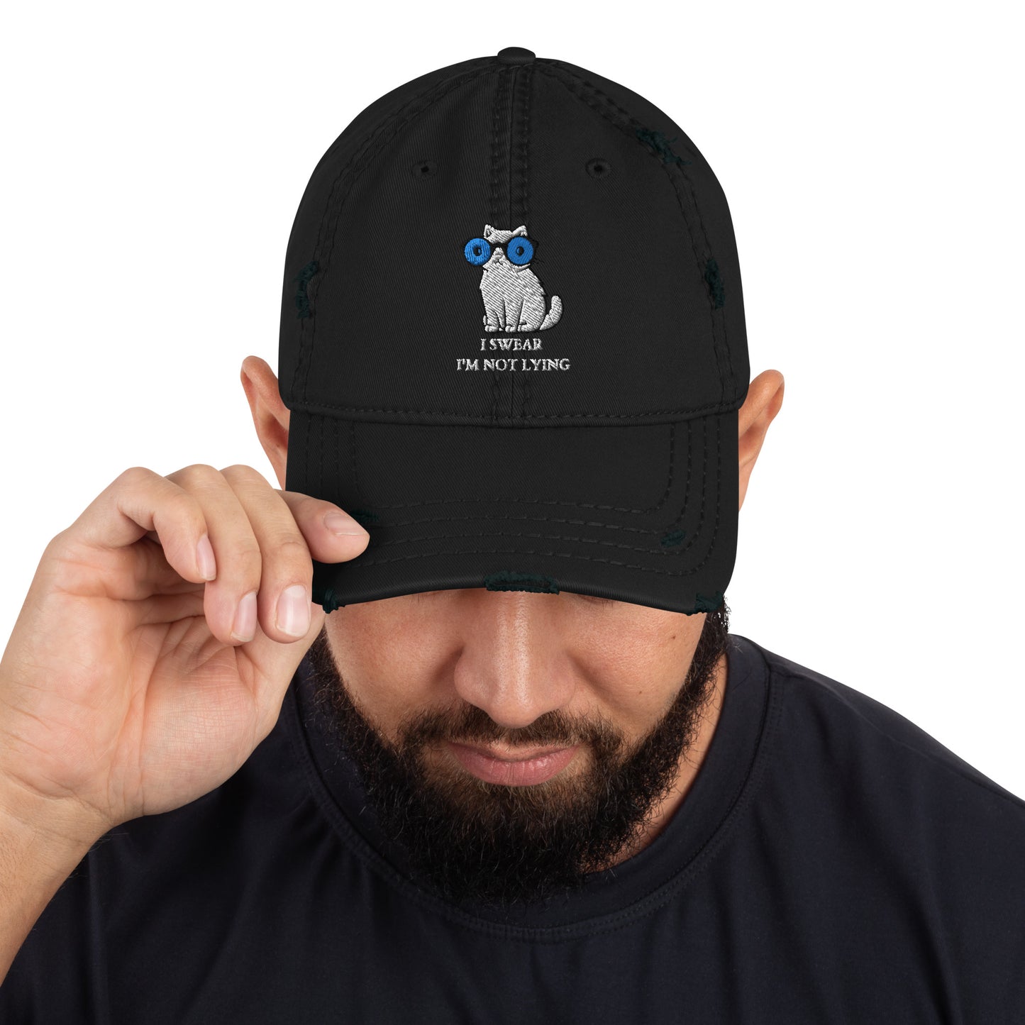 Lying cat with big blue eyes - Distressed Dad Hat