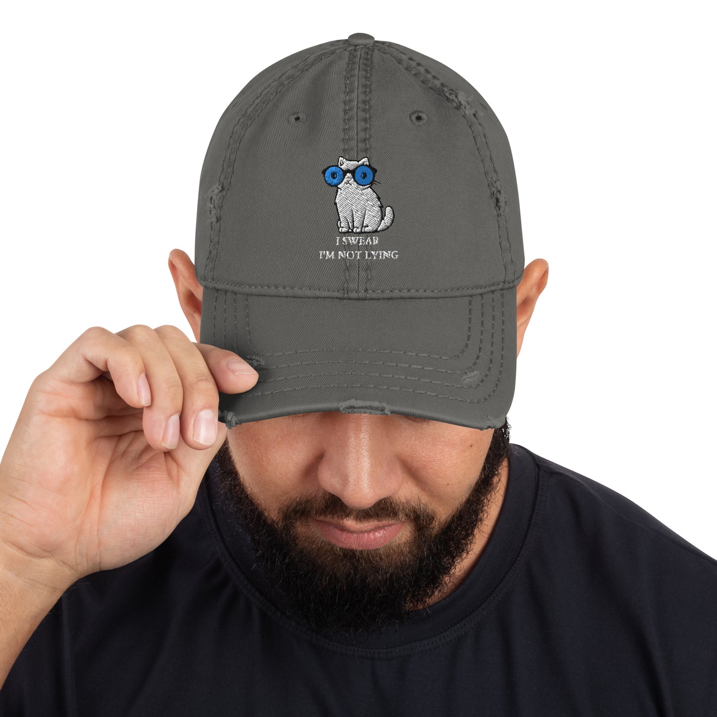 Lying cat with big blue eyes - Distressed Dad Hat