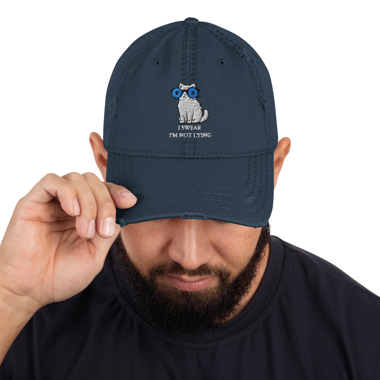 Lying cat with big blue eyes - Distressed Dad Hat