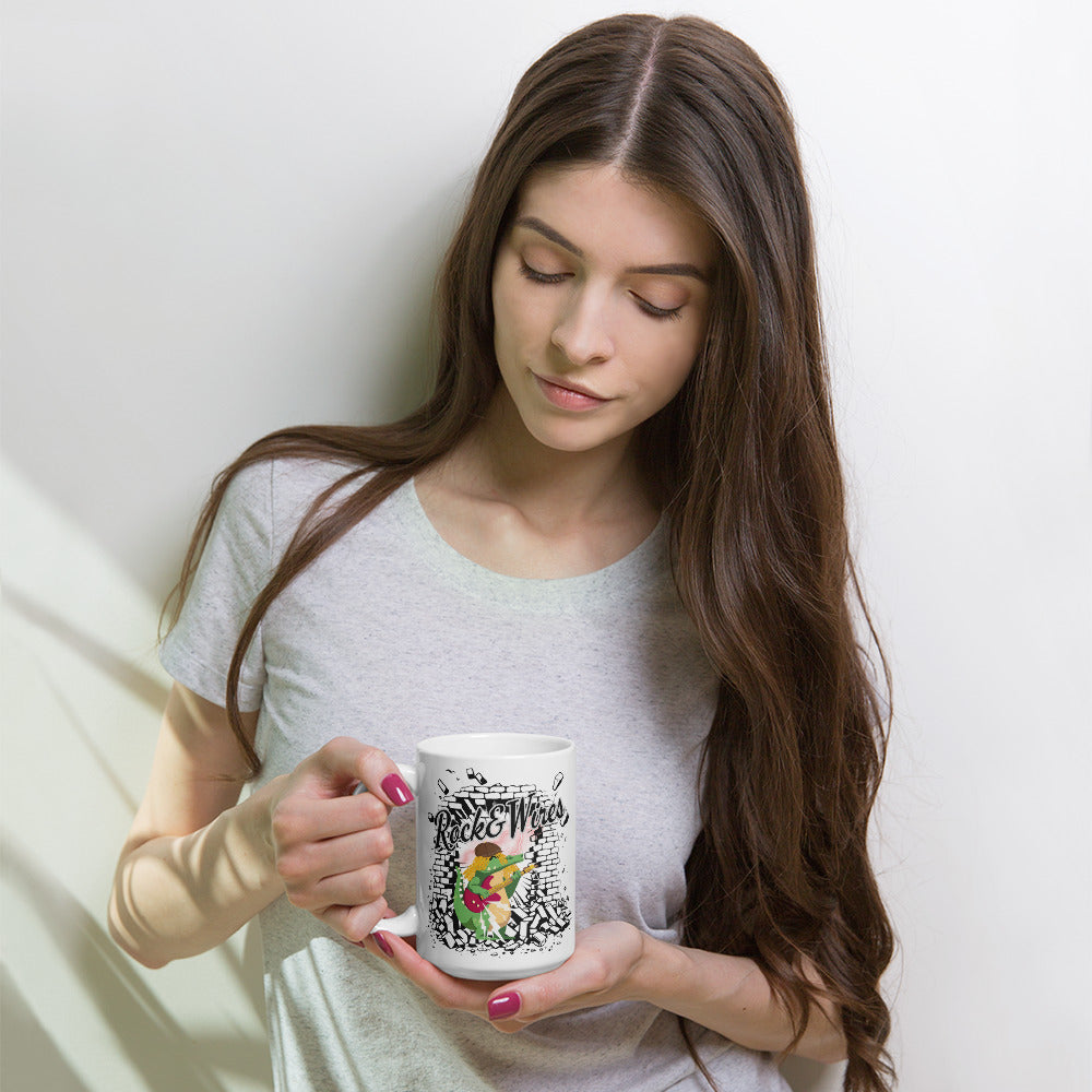 Rock & Wires – White ceramic mug for rock music fans; black colour inside