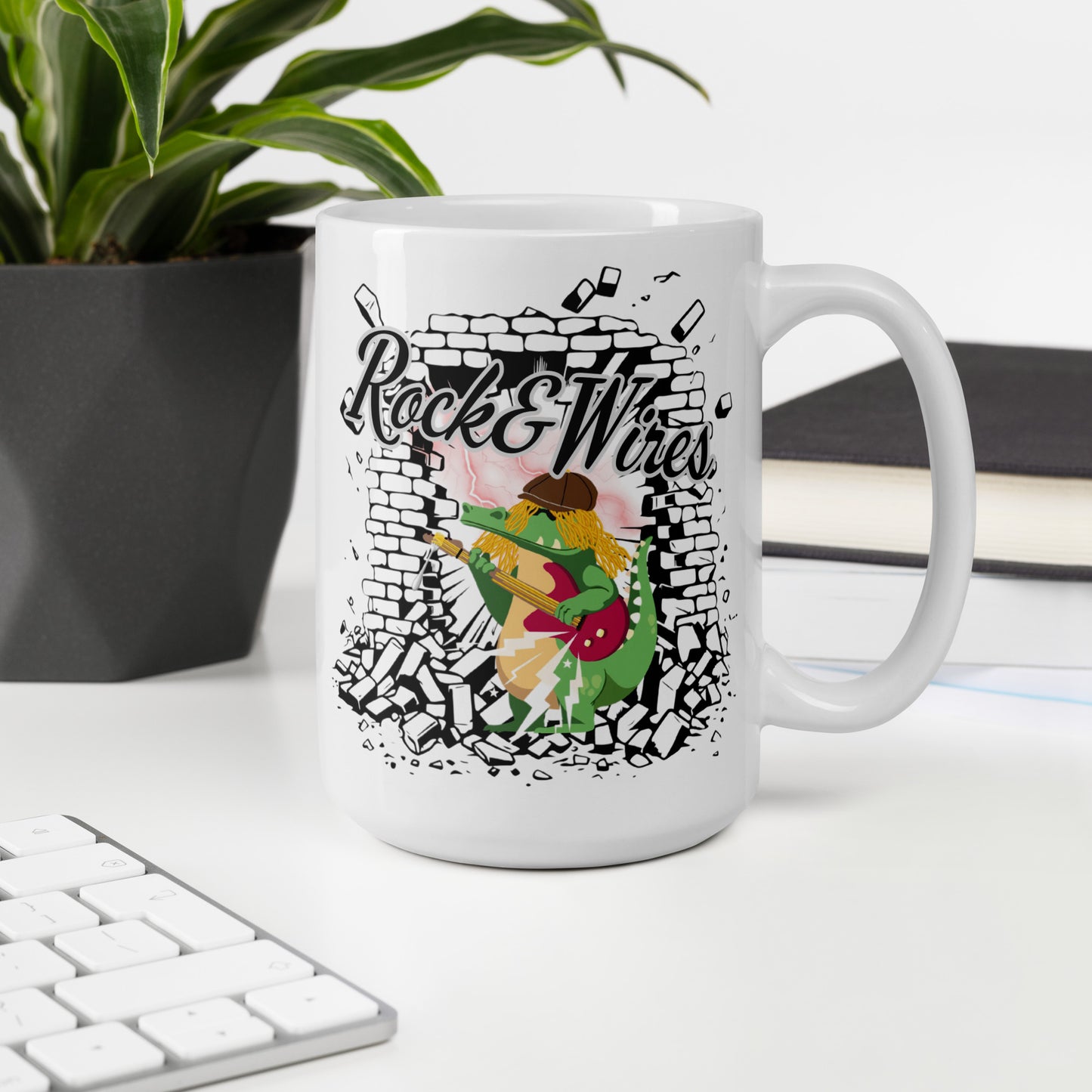 Rock & Wires – White ceramic mug for rock music fans; black colour inside