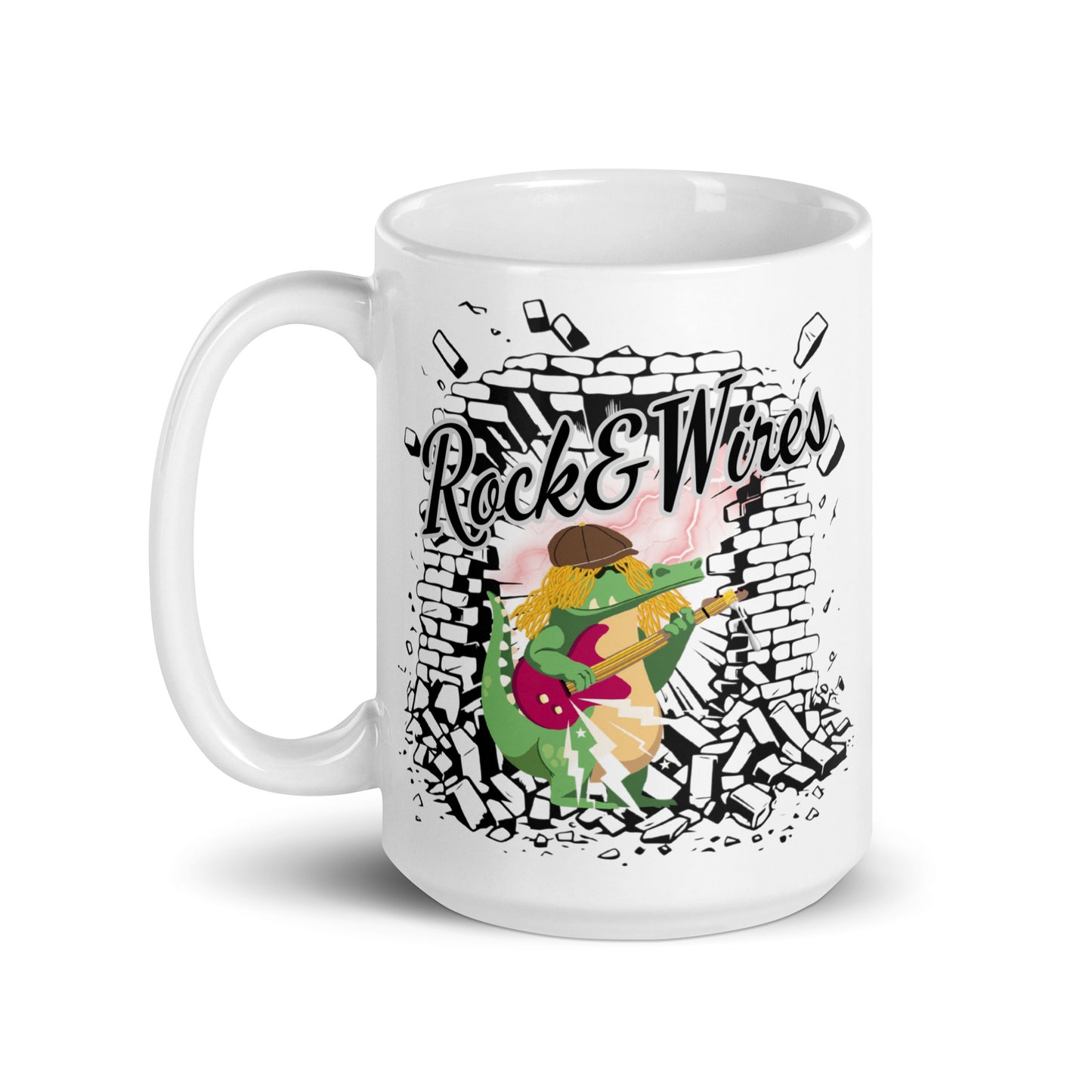 Rock & Wires – White ceramic mug for rock music fans; black colour inside