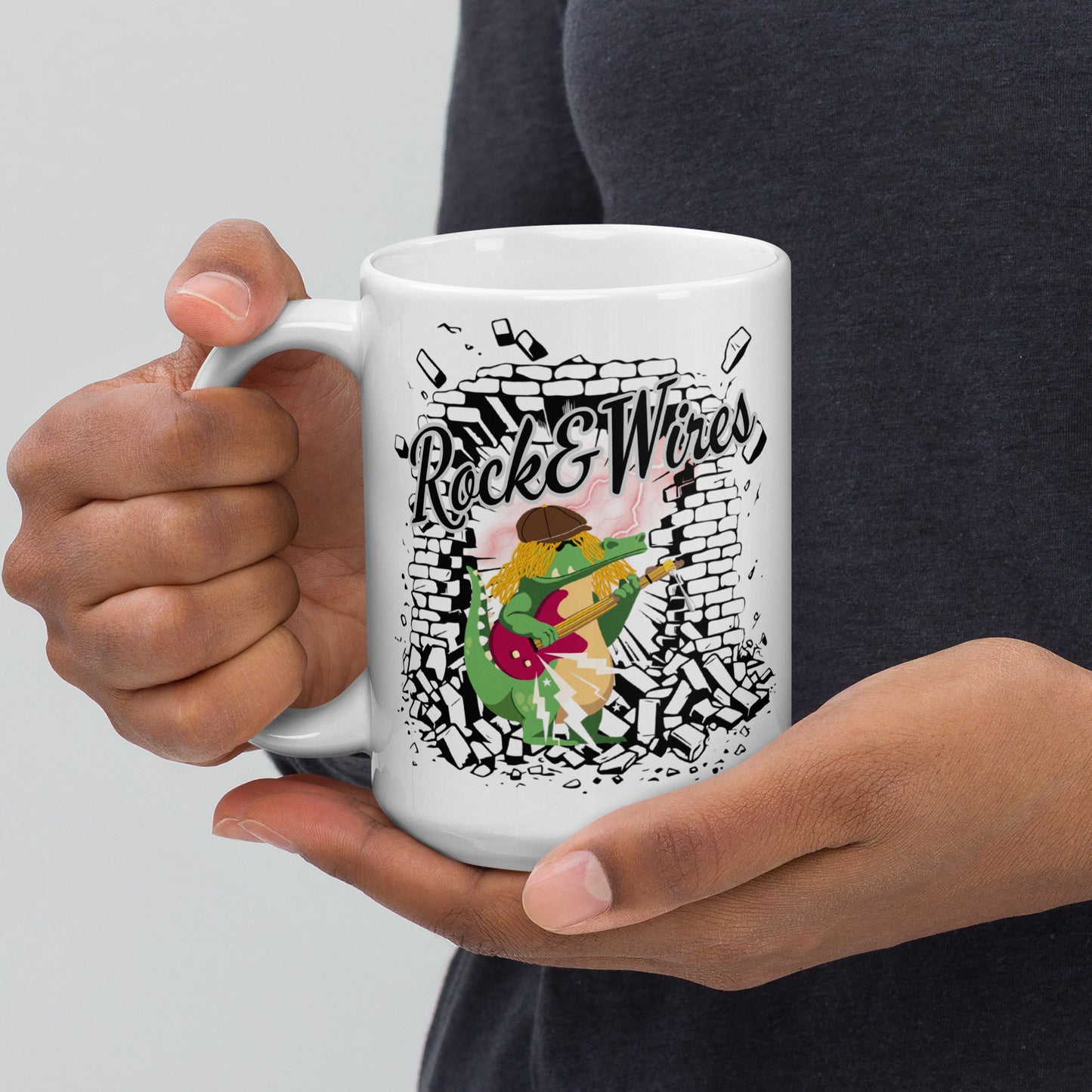 Rock & Wires – White ceramic mug for rock music fans; black colour inside