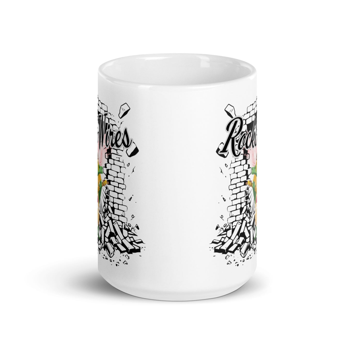 Rock & Wires – White ceramic mug for rock music fans; black colour inside