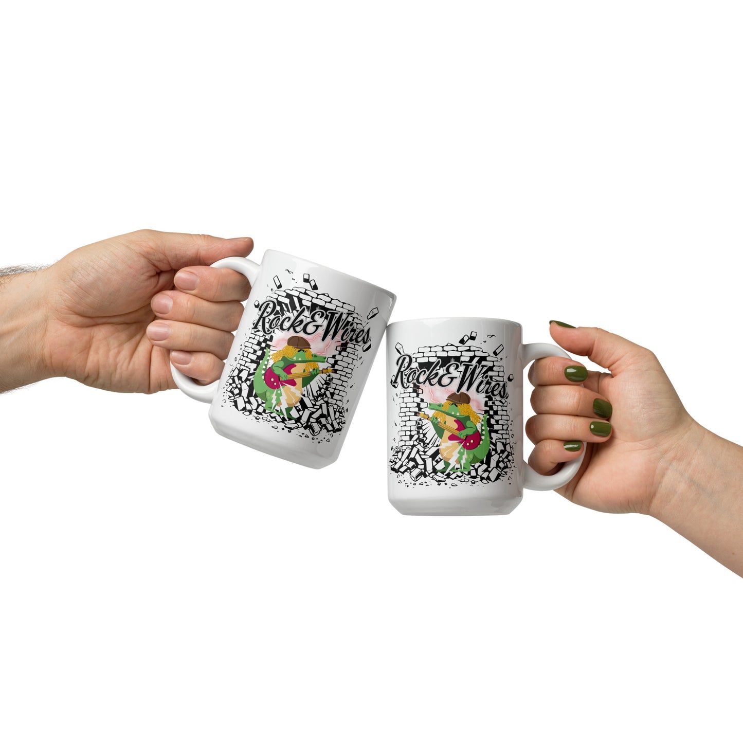 Rock & Wires – White ceramic mug for rock music fans; black colour inside