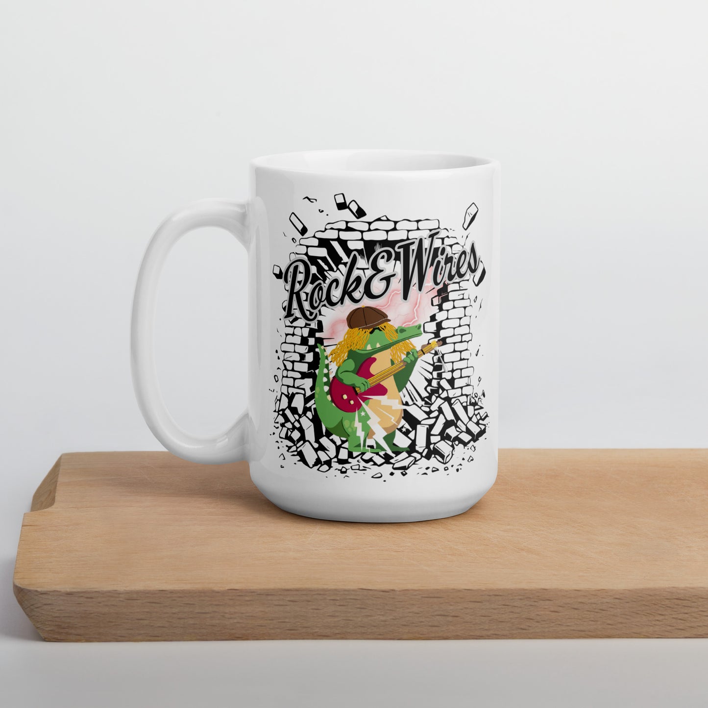 Rock & Wires – White ceramic mug for rock music fans; black colour inside