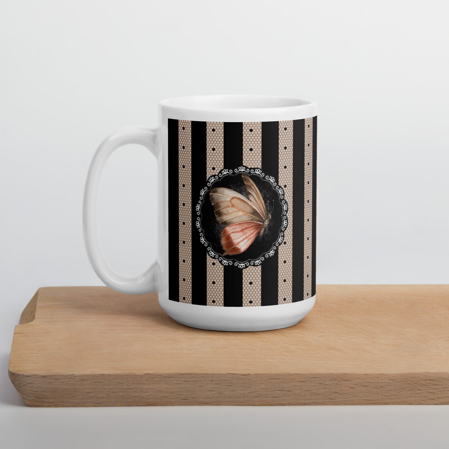 Lace and copper woven into coffee stripes - White glossy mug