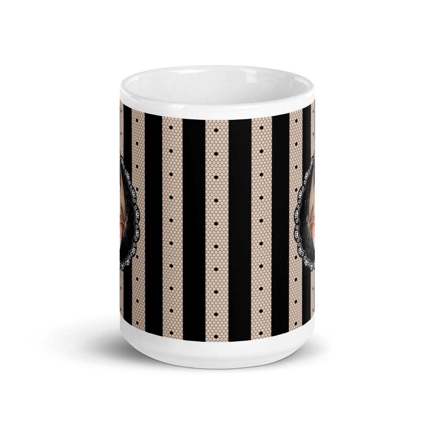 Lace and copper woven into coffee stripes - White glossy mug