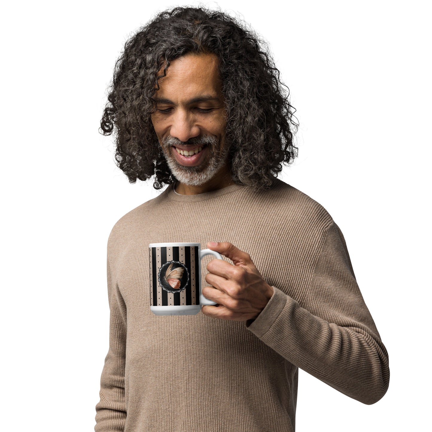 Lace and copper woven into coffee stripes - White glossy mug