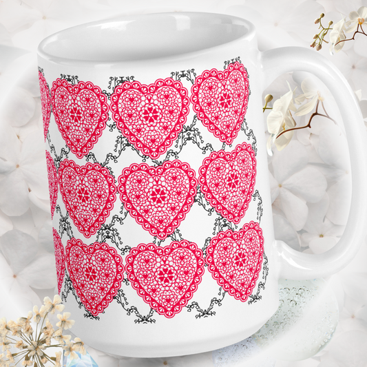 Red lace hearts  - White glossy mug