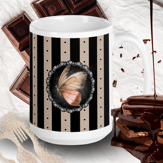 Lace and copper woven into coffee stripes - White glossy mug