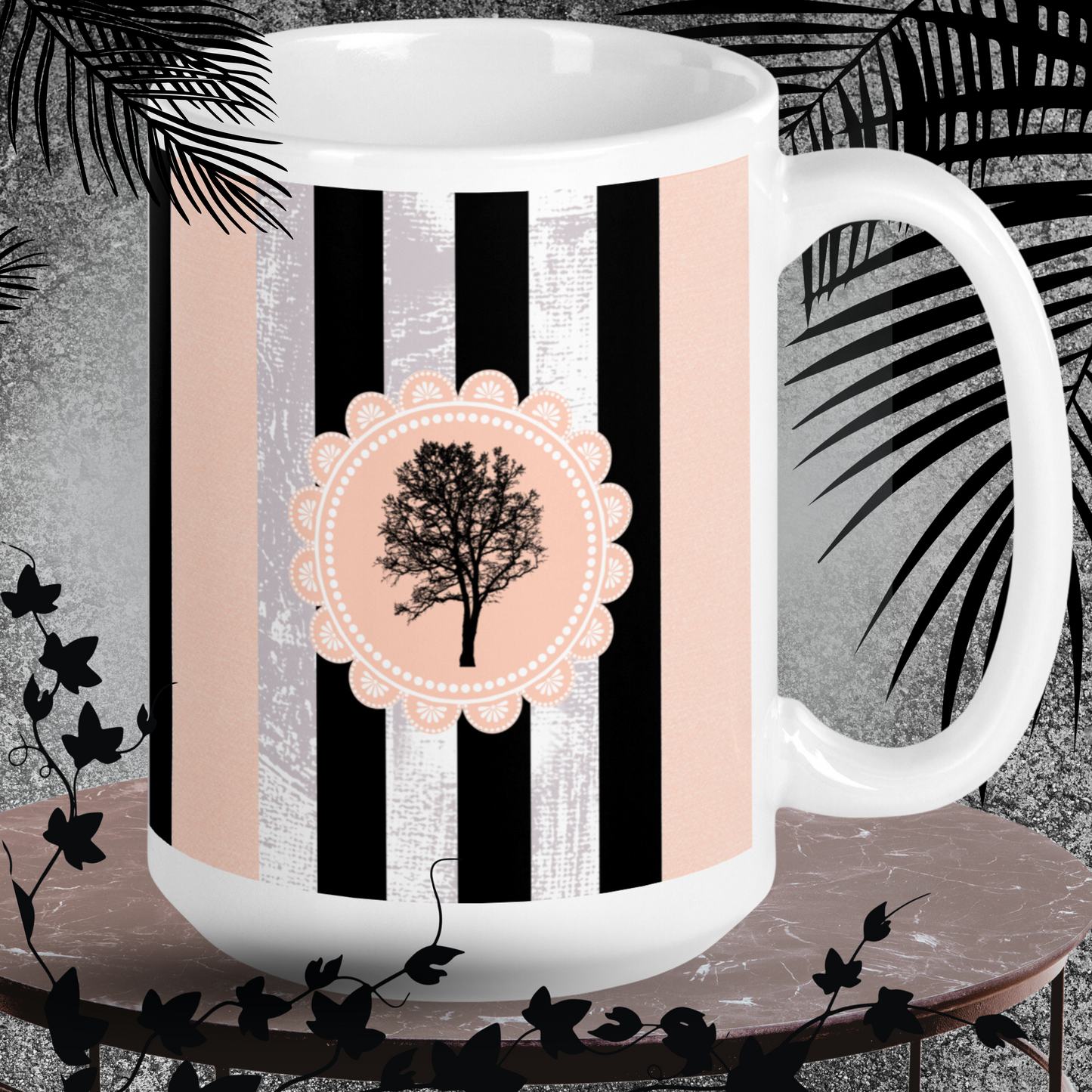 Feminine Tree and Lace Mug - Stylish Patterns for Her | Ideal Women's Present | Classic Elegant mug with black and pink stripes | 15 oz mug