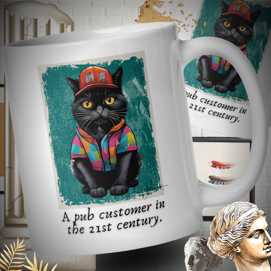21st-Century Pub Customer Cat Mug: Black Cat Truck Driver Design | Funny Picture on Glossy White Ceramic Mug | Cool Gift for the Pub Mates