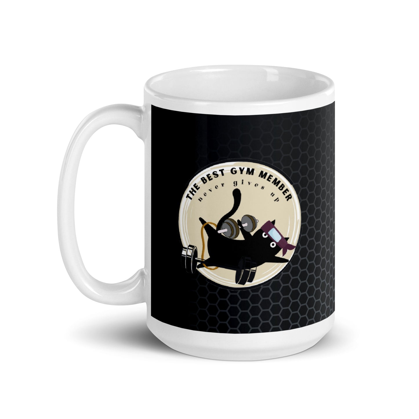 Hilarious Workout Mug: Glossy Ceramic Cup for Gym Enthusiasts | Adorable Black Clumsy Cat | Don't Give Up Fitness Lady | Motivational Mug