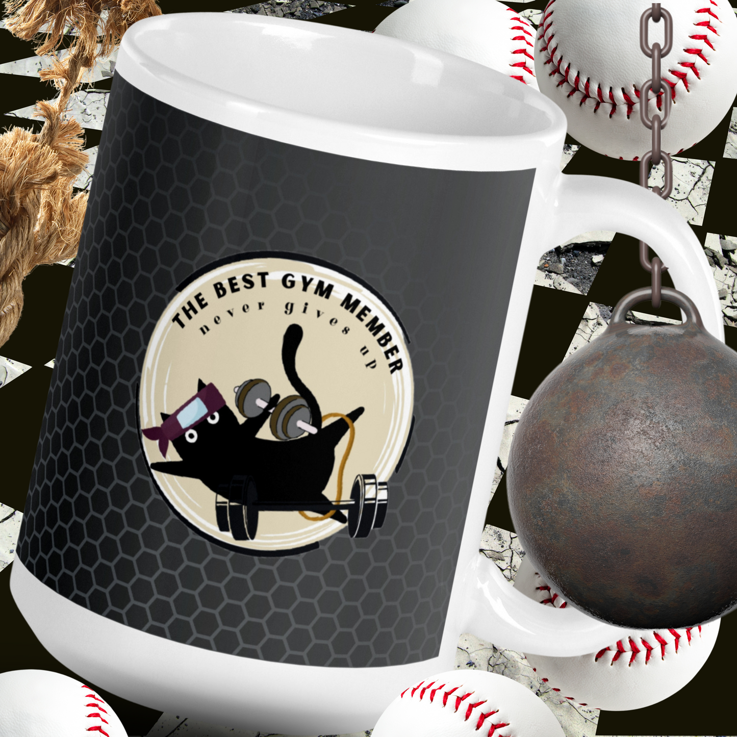 Hilarious Workout Mug: Glossy Ceramic Cup for Gym Enthusiasts | Adorable Black Clumsy Cat | Don't Give Up Fitness Lady | Motivational Mug