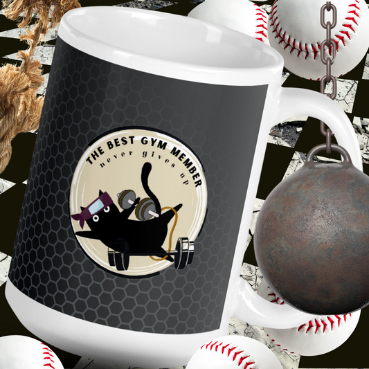 Hilarious Workout Mug: Glossy Ceramic Cup for Gym Enthusiasts | Adorable Black Clumsy Cat | Don't Give Up Fitness Lady | Motivational Mug