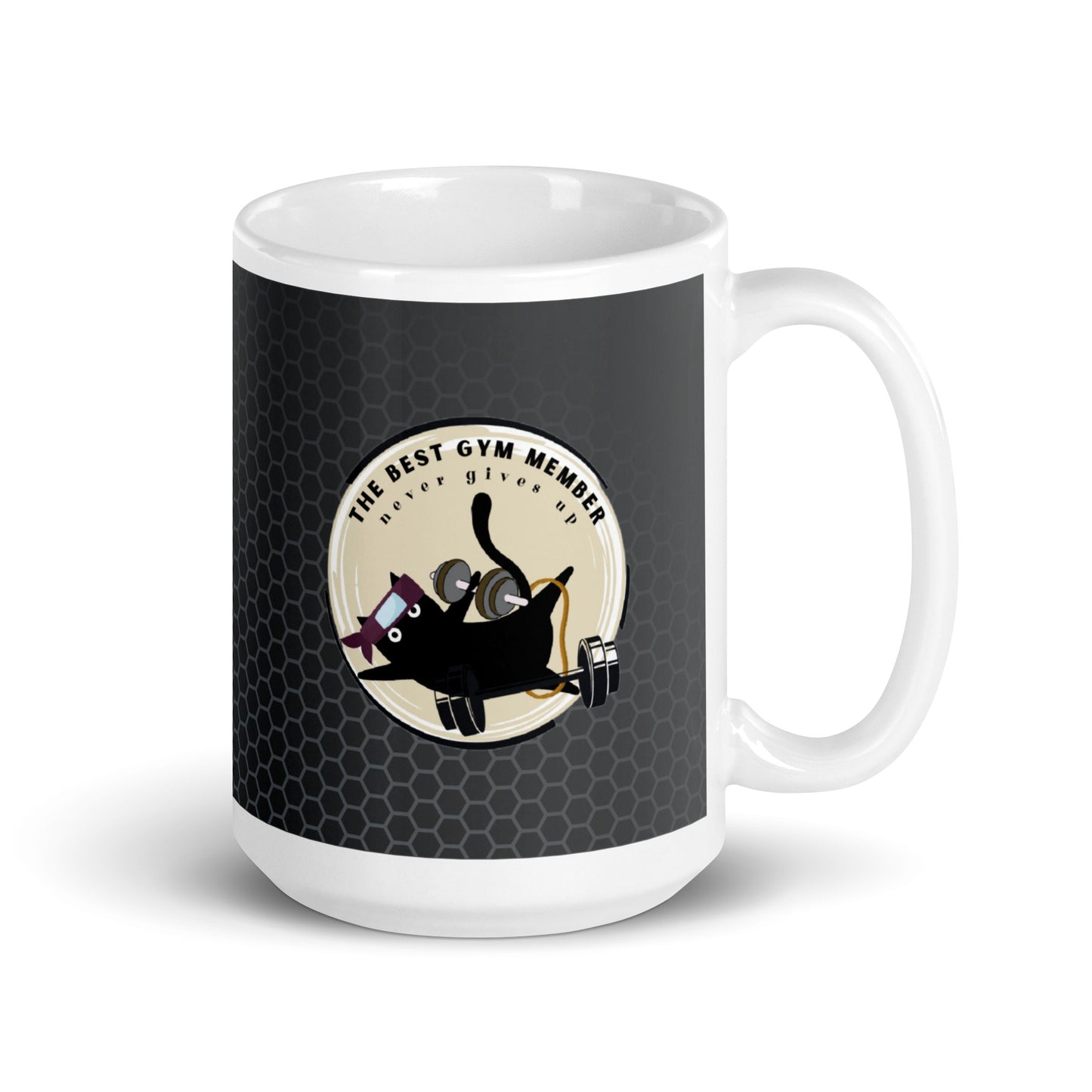 Hilarious Workout Mug: Glossy Ceramic Cup for Gym Enthusiasts | Adorable Black Clumsy Cat | Don't Give Up Fitness Lady | Motivational Mug