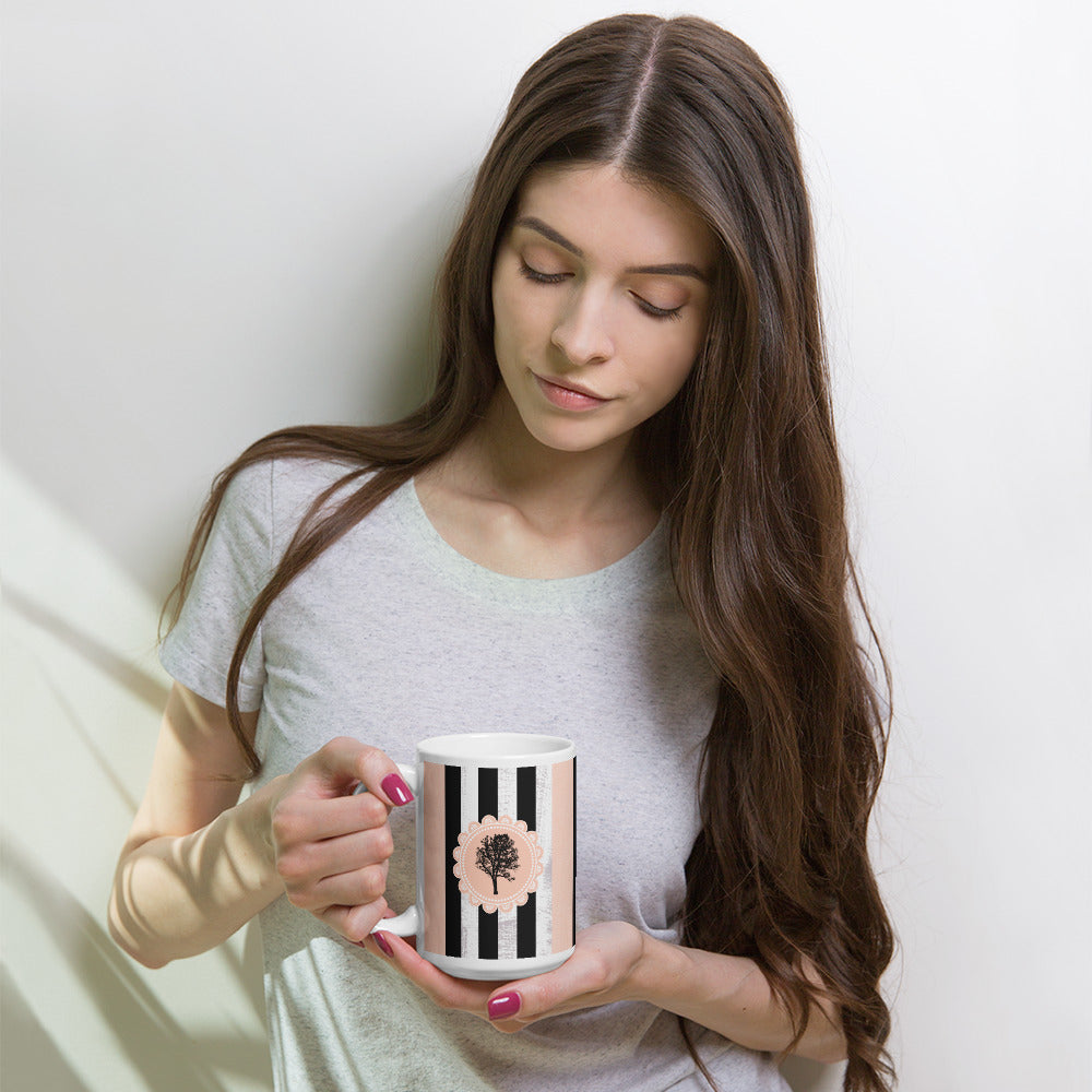 Feminine Tree and Lace Mug - Stylish Patterns for Her | Ideal Women's Present | Classic Elegant mug with black and pink stripes | 15 oz mug
