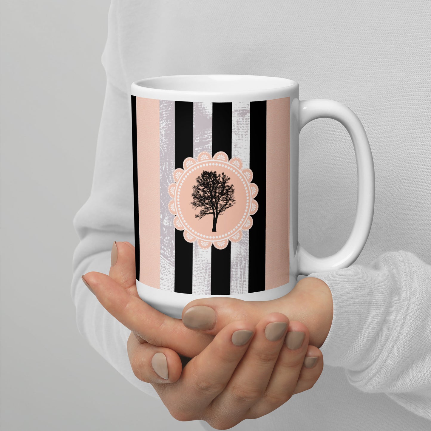 Feminine Tree and Lace Mug - Stylish Patterns for Her | Ideal Women's Present | Classic Elegant mug with black and pink stripes | 15 oz mug