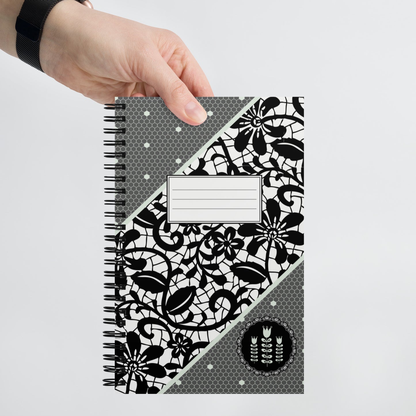 Classic lace on a grey background with folklore elements - Spiral notebook
