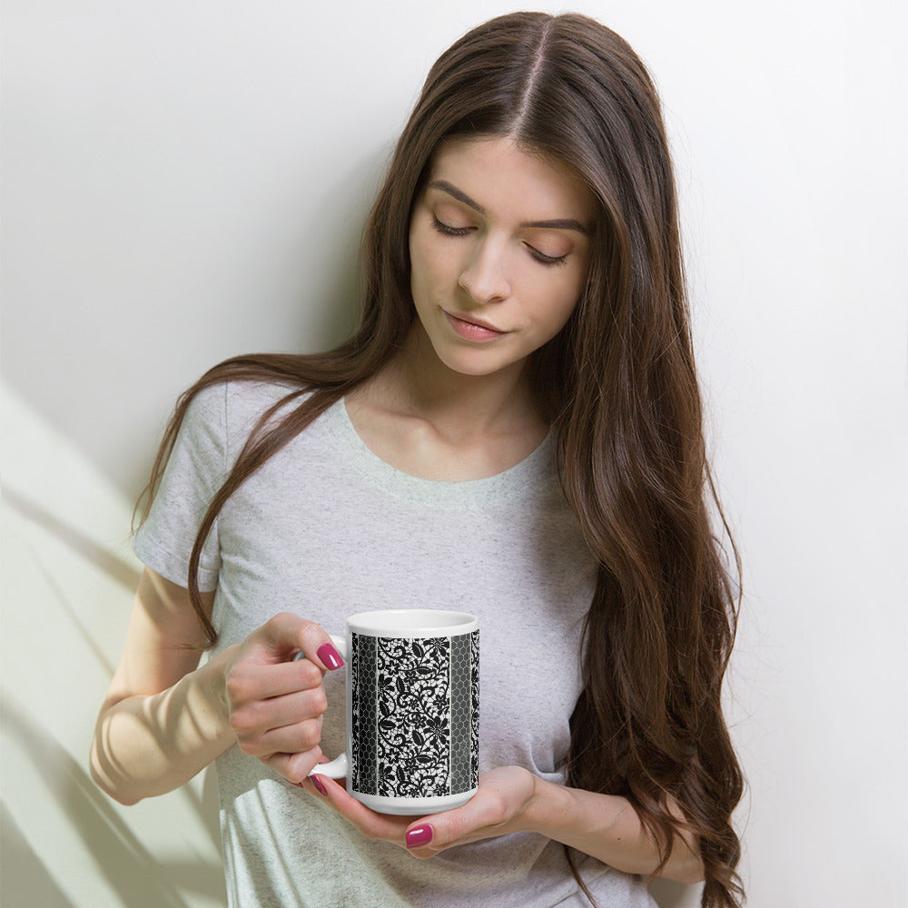 Classic lace on a grey background - White glossy mug