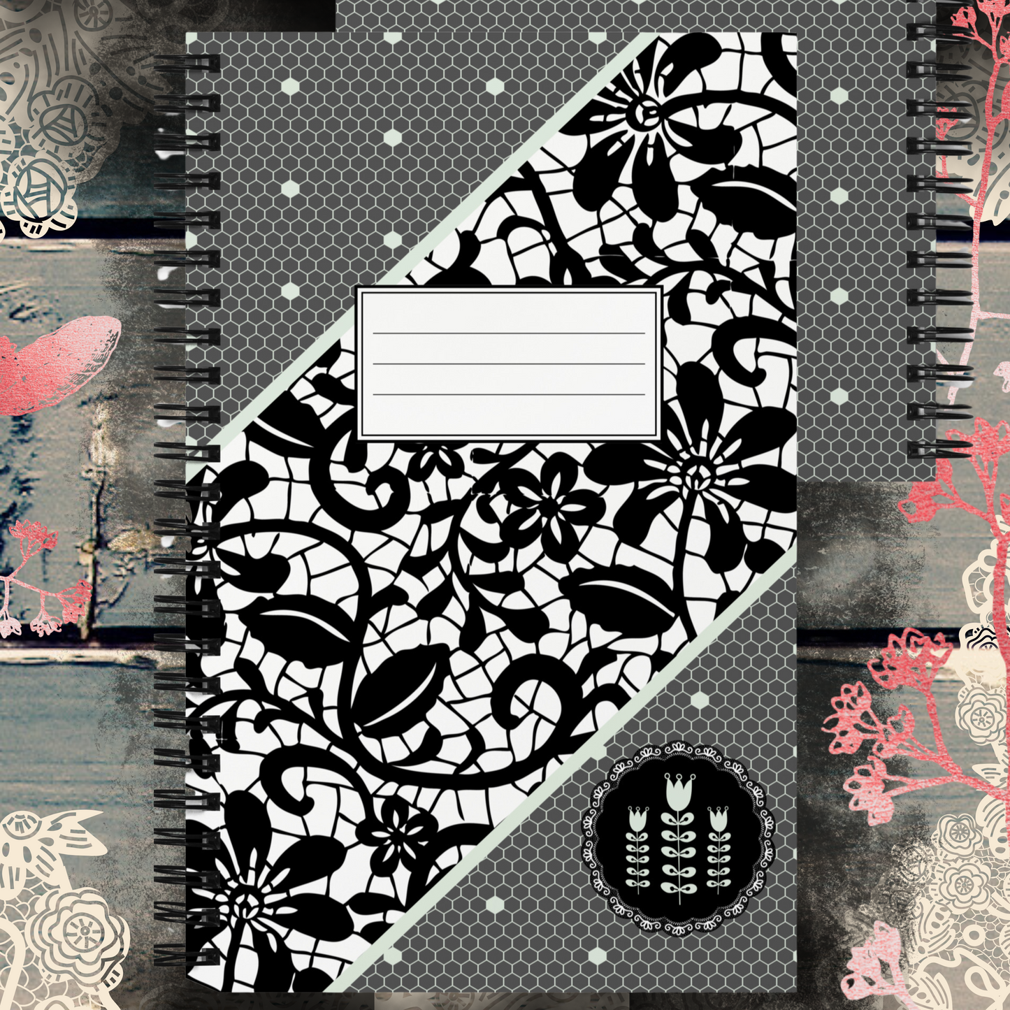 Classic lace on a grey background with folklore elements - Spiral notebook