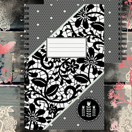Classic lace on a grey background with folklore elements - Spiral notebook