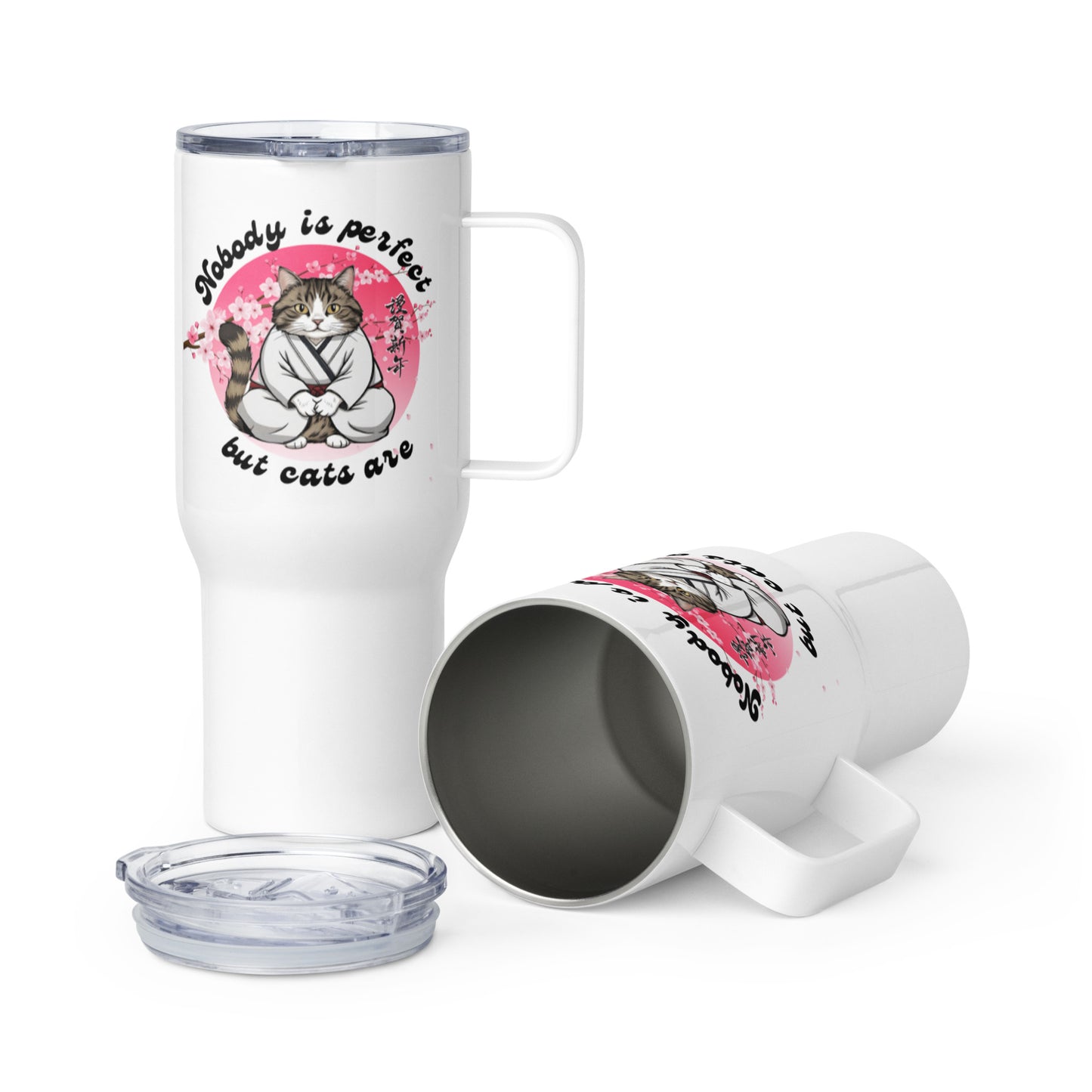 The Master Lectures About Cats - White stainless steel travel mug with a handle for cat lovers; Cats are perfect gift for her