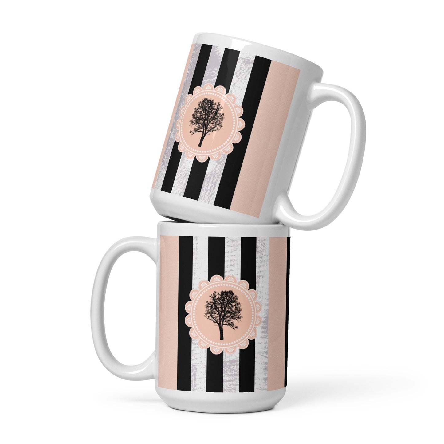 Feminine Tree and Lace Mug - Stylish Patterns for Her | Ideal Women's Present | Classic Elegant mug with black and pink stripes | 15 oz mug