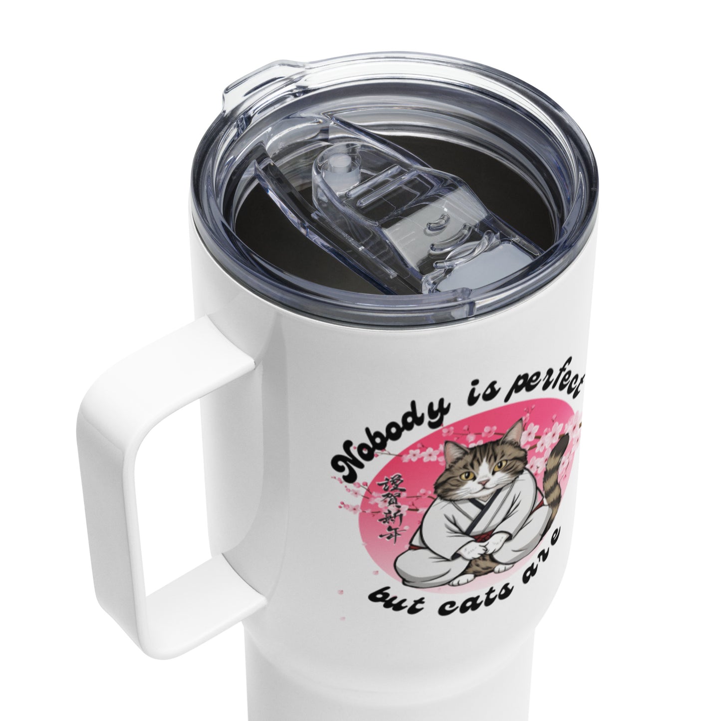 The Master Lectures About Cats - White stainless steel travel mug with a handle for cat lovers; Cats are perfect gift for her