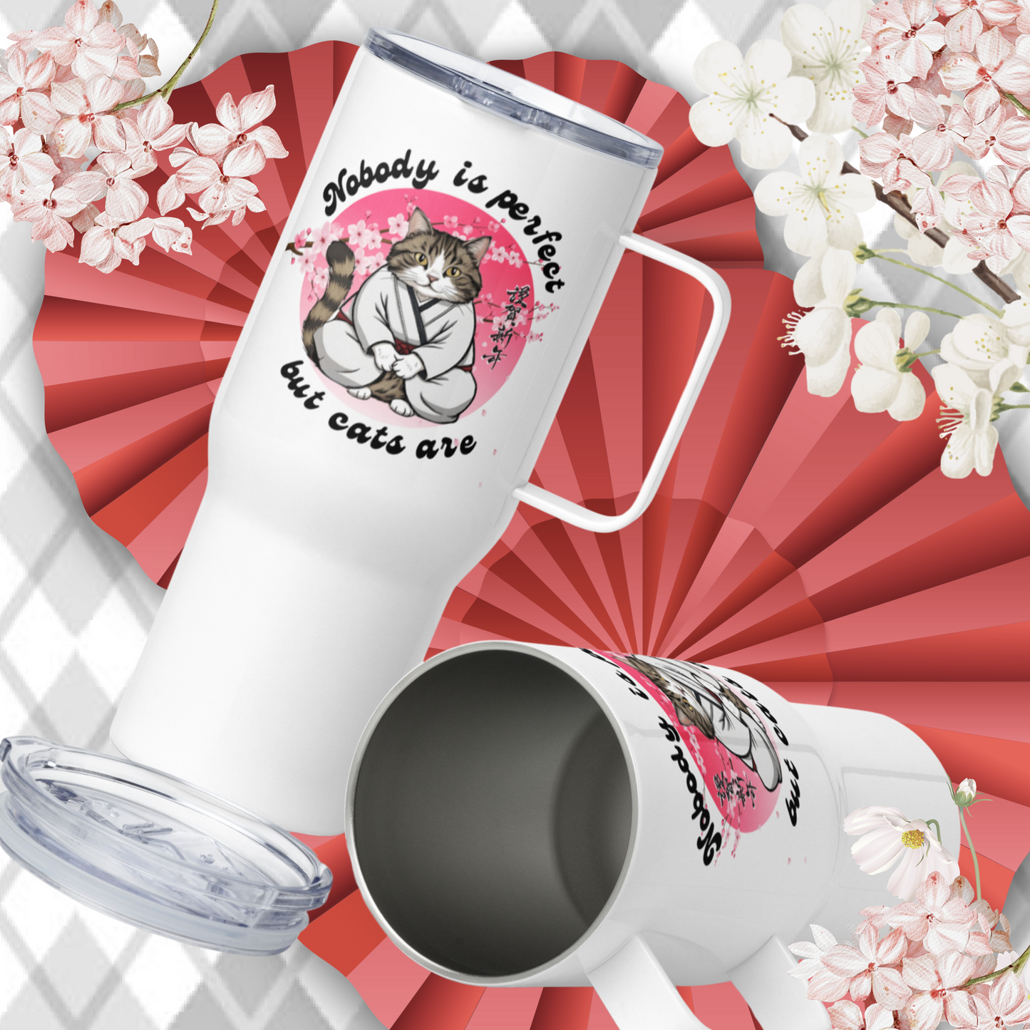 The Master Lectures About Cats - White stainless steel travel mug with a handle for cat lovers; Cats are perfect gift for her