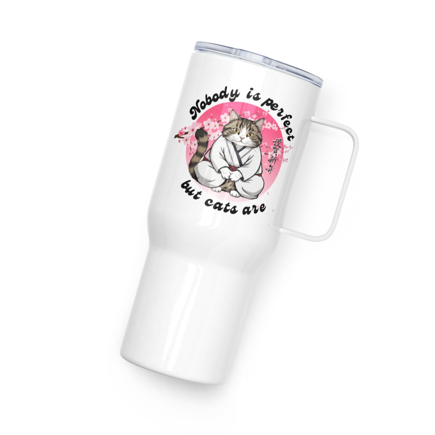The Master Lectures About Cats - White stainless steel travel mug with a handle for cat lovers; Cats are perfect gift for her