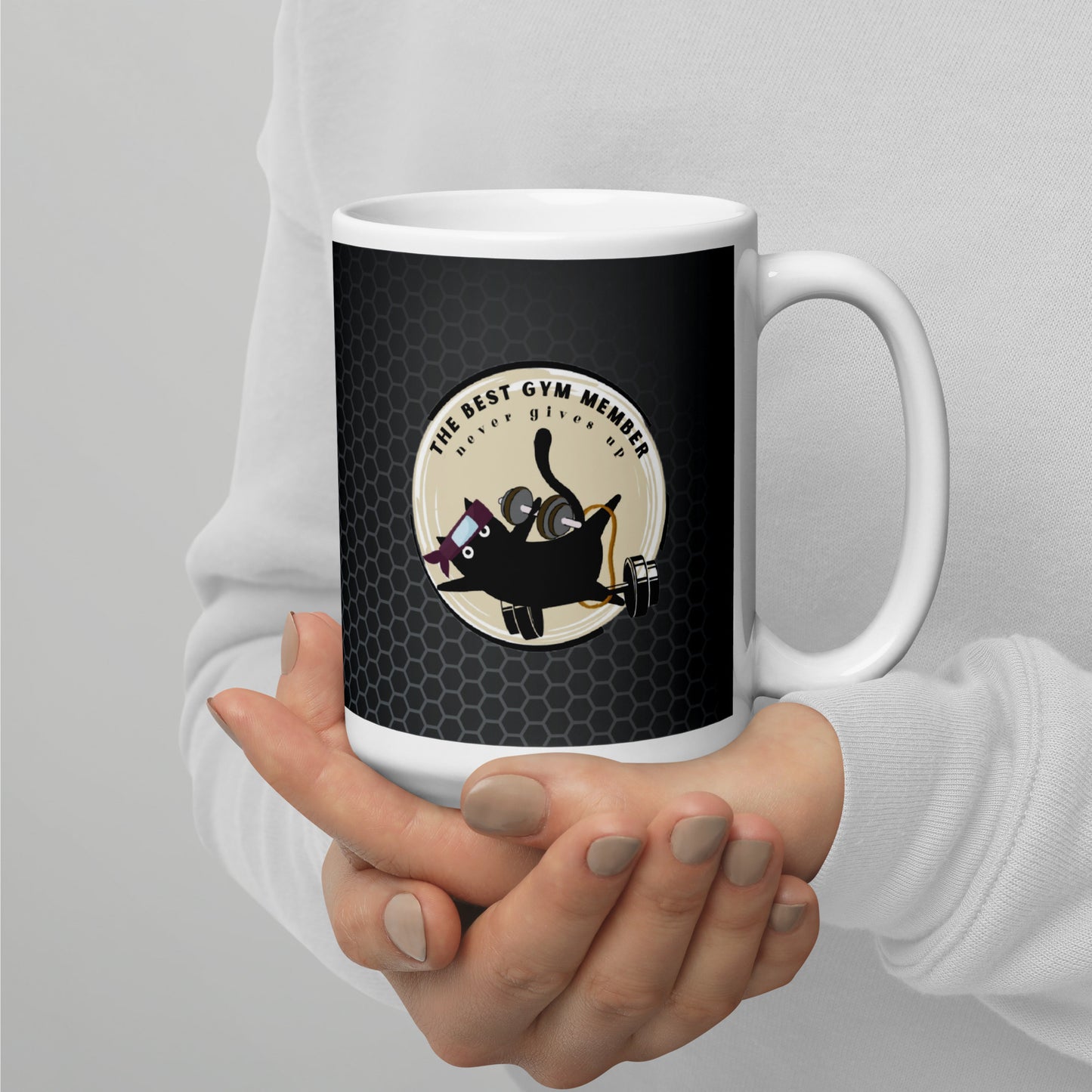 Hilarious Workout Mug: Glossy Ceramic Cup for Gym Enthusiasts | Adorable Black Clumsy Cat | Don't Give Up Fitness Lady | Motivational Mug