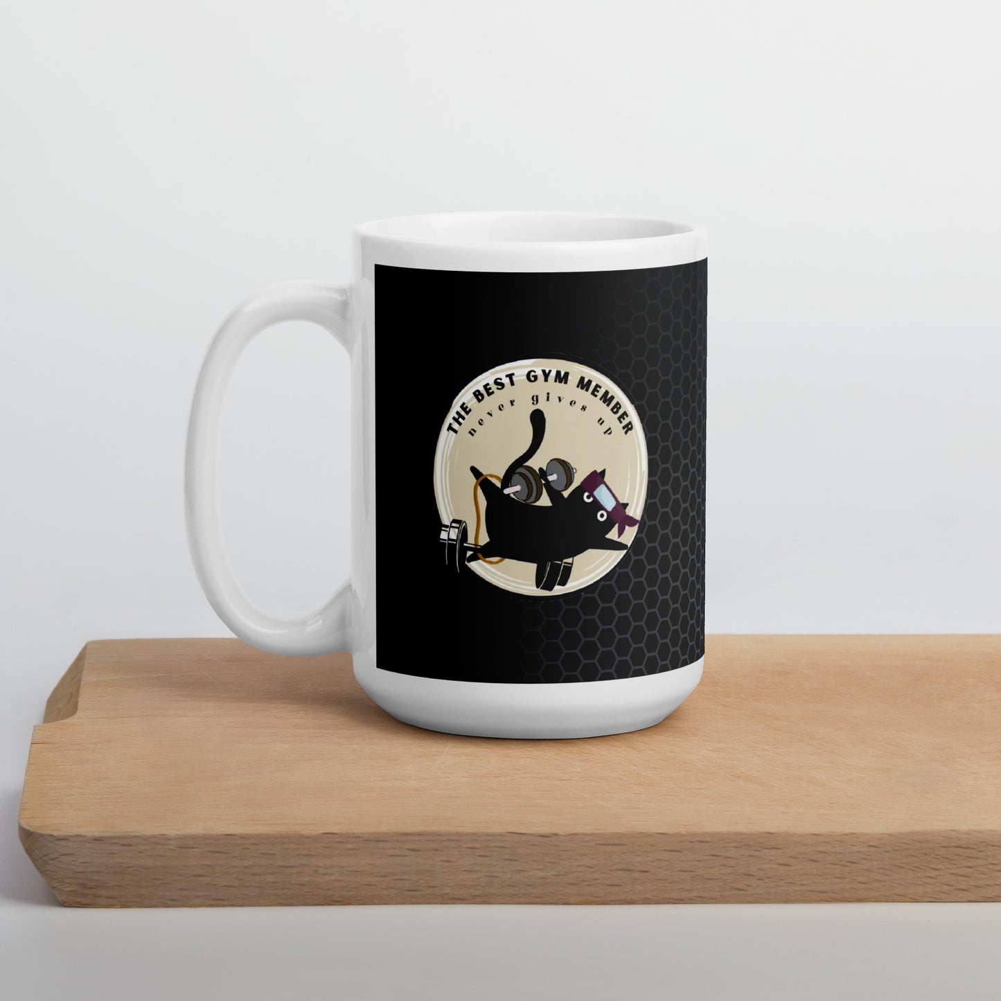 Hilarious Workout Mug: Glossy Ceramic Cup for Gym Enthusiasts | Adorable Black Clumsy Cat | Don't Give Up Fitness Lady | Motivational Mug