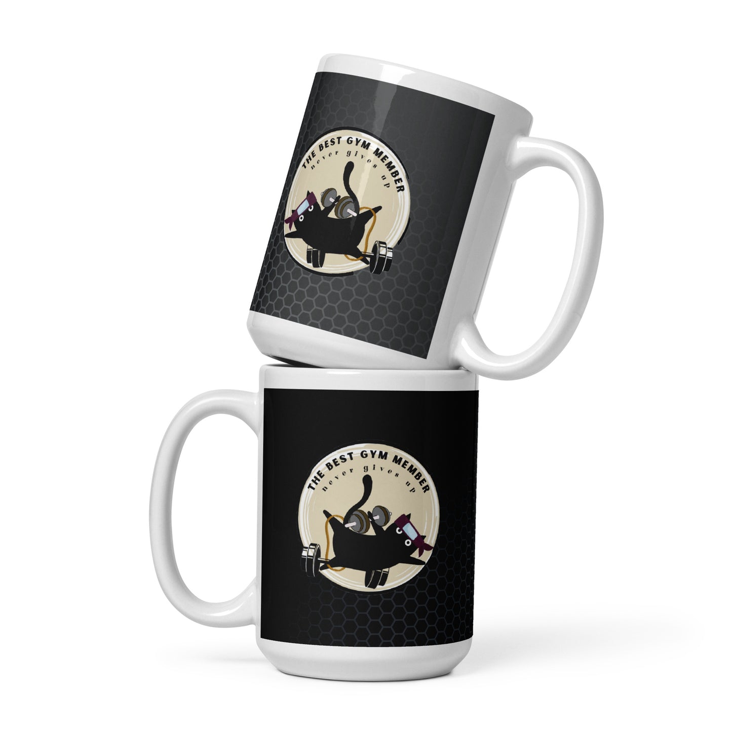 Hilarious Workout Mug: Glossy Ceramic Cup for Gym Enthusiasts | Adorable Black Clumsy Cat | Don't Give Up Fitness Lady | Motivational Mug