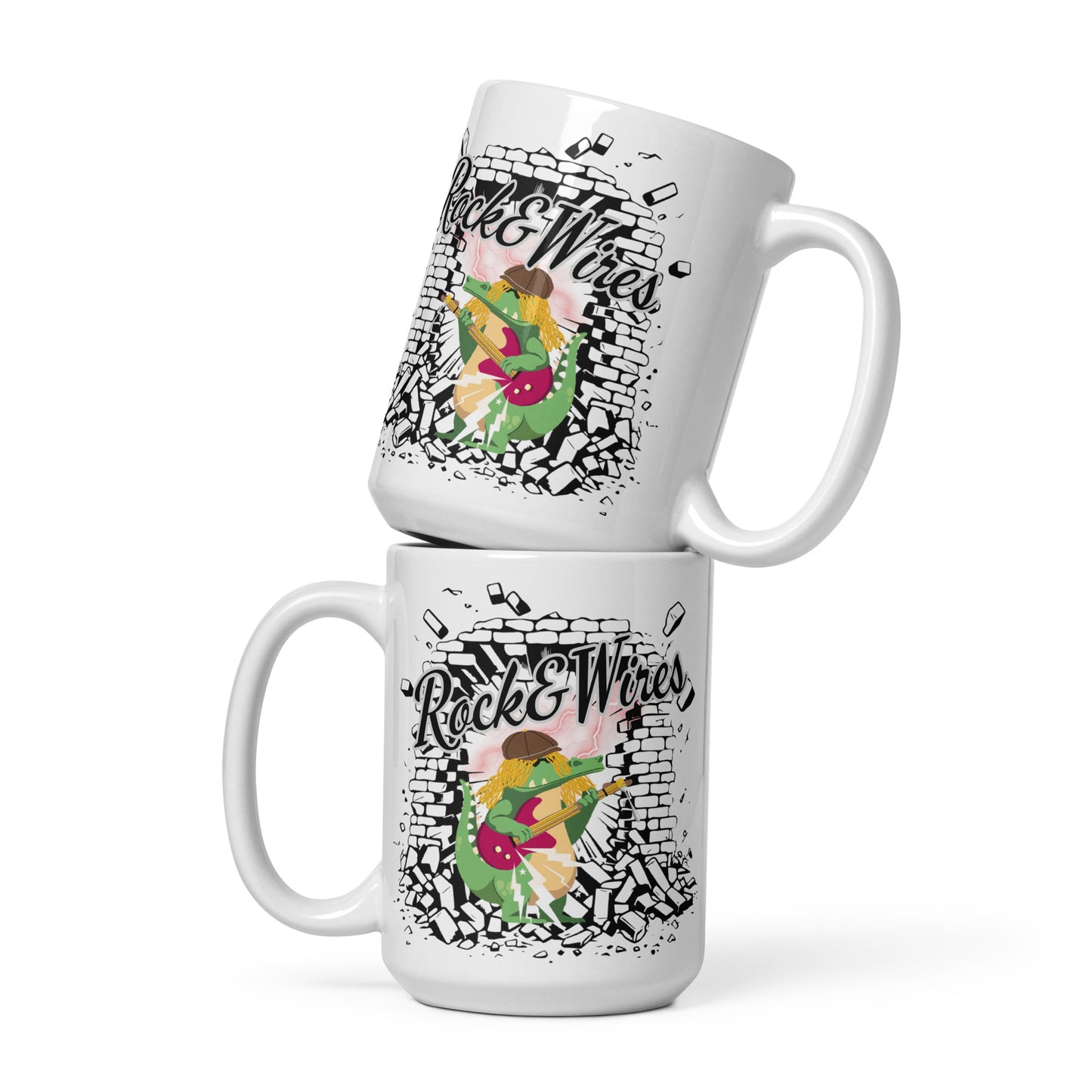 Rock & Wires – White ceramic mug for rock music fans; black colour inside