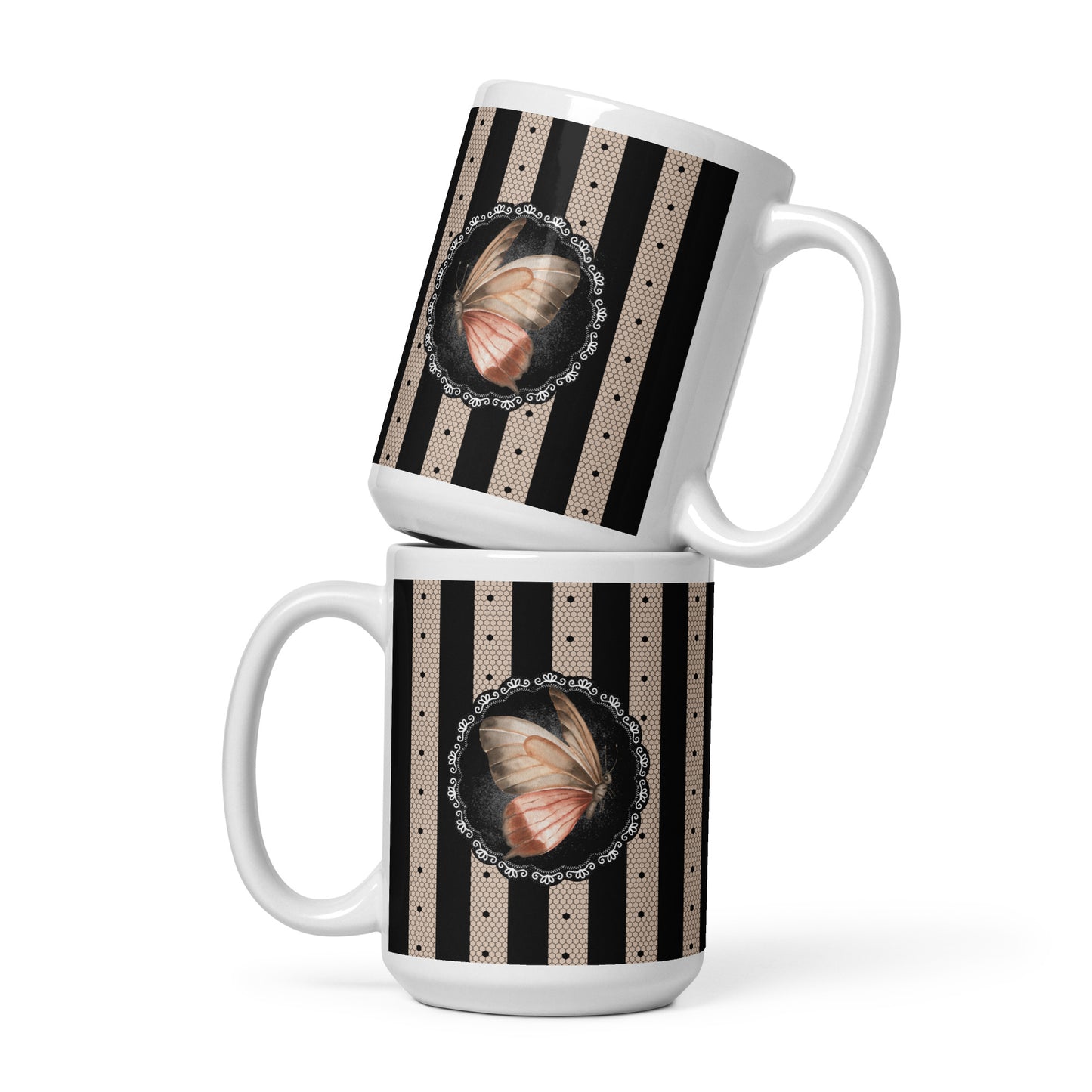 Lace and copper woven into coffee stripes - White glossy mug