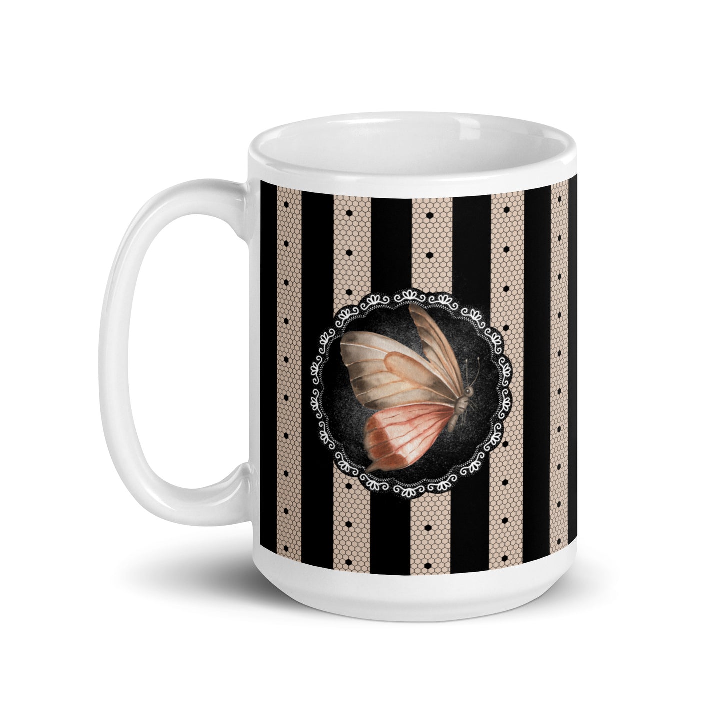 Lace and copper woven into coffee stripes - White glossy mug