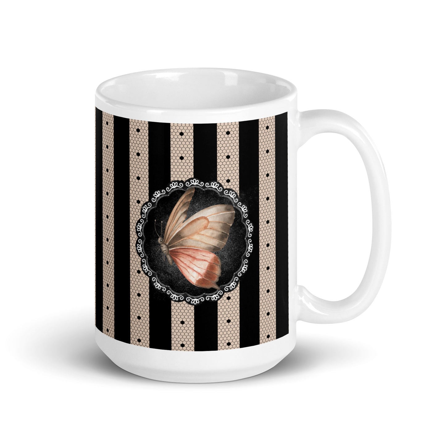 Lace and copper woven into coffee stripes - White glossy mug