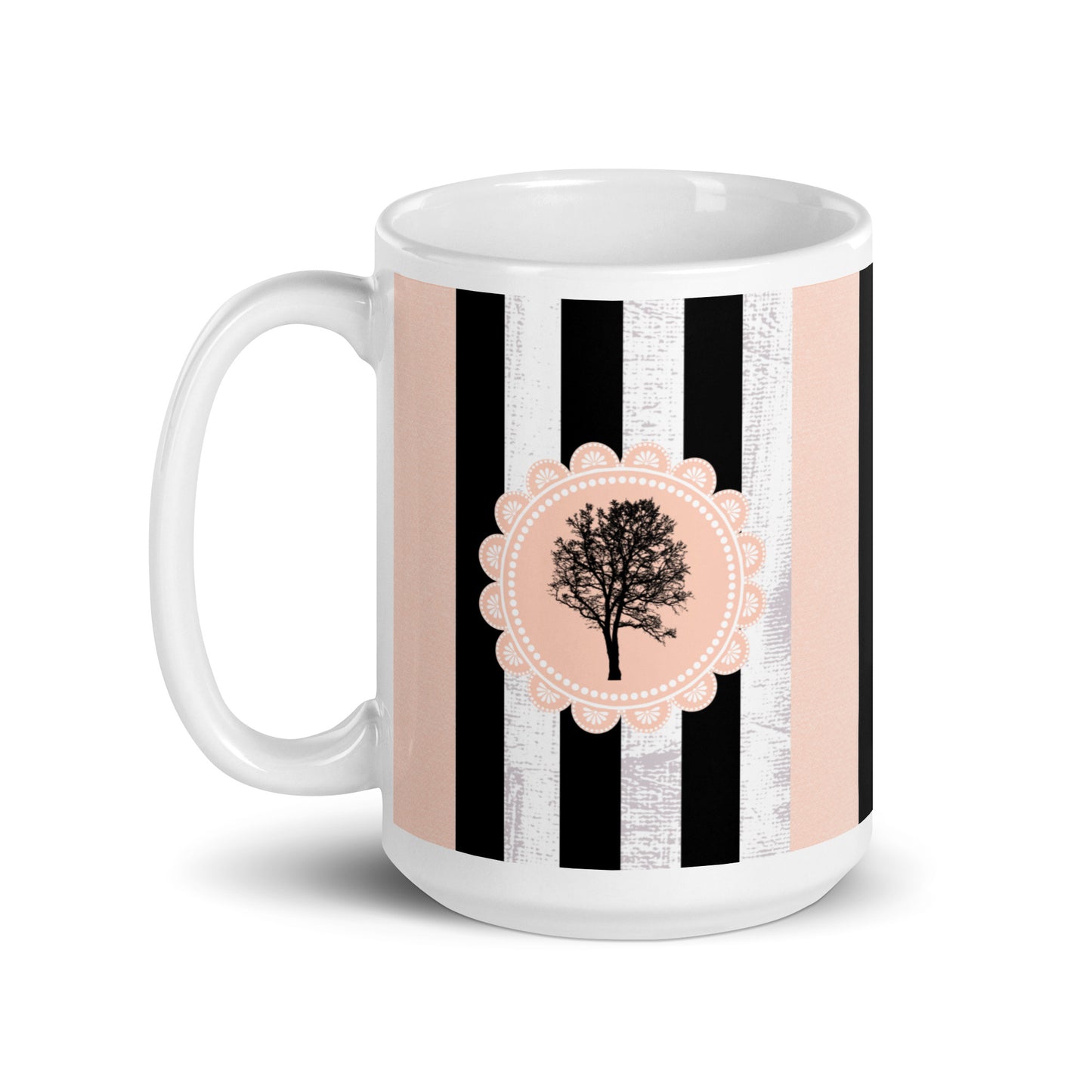 Feminine Tree and Lace Mug - Stylish Patterns for Her | Ideal Women's Present | Classic Elegant mug with black and pink stripes | 15 oz mug
