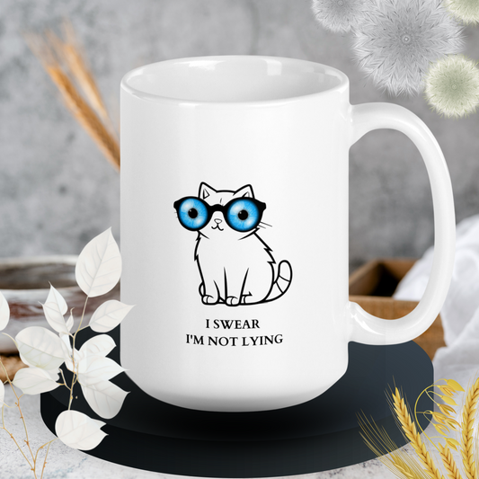 Lying cat with big blue eyes - White glossy mug