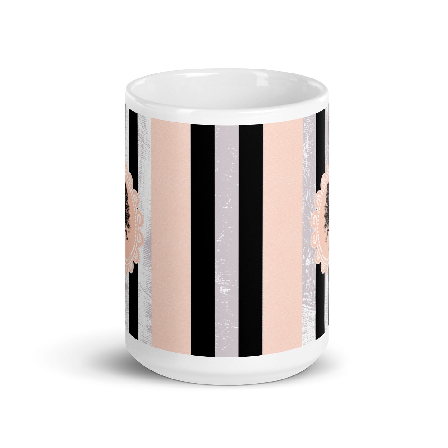 Feminine Tree and Lace Mug - Stylish Patterns for Her | Ideal Women's Present | Classic Elegant mug with black and pink stripes | 15 oz mug