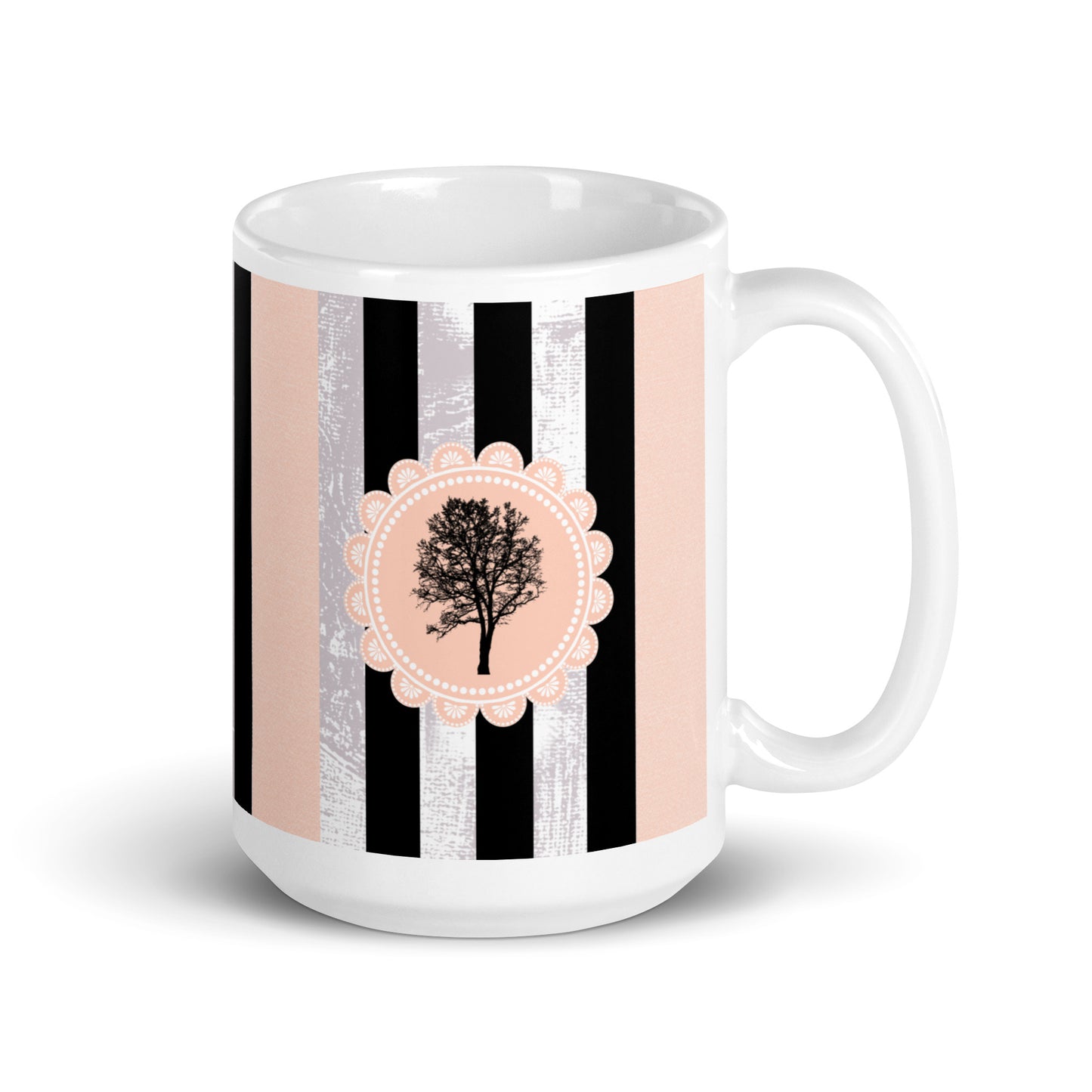 Feminine Tree and Lace Mug - Stylish Patterns for Her | Ideal Women's Present | Classic Elegant mug with black and pink stripes | 15 oz mug