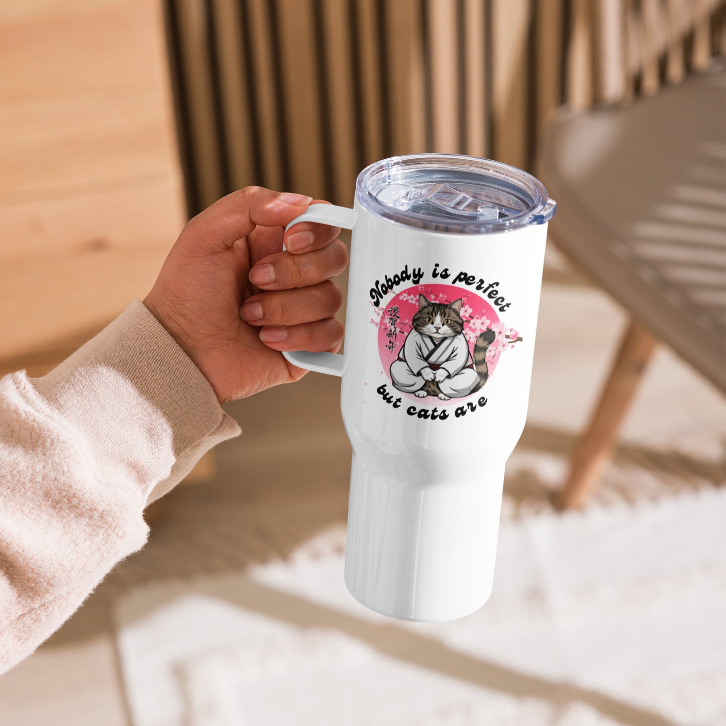 The Master Lectures About Cats - White stainless steel travel mug with a handle for cat lovers; Cats are perfect gift for her